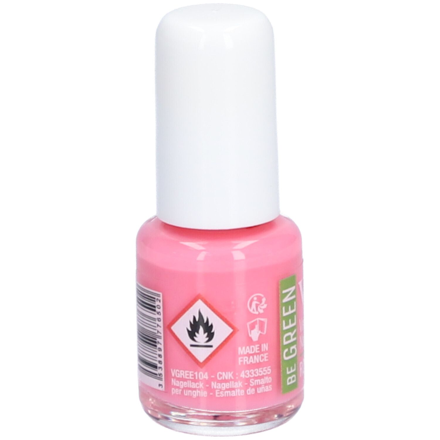 Rosa Nagellackflasche mit weißem Deckel. Aufschrift: Vitry, Be Green, Rose Celeste. Mit Warnsymbolen.