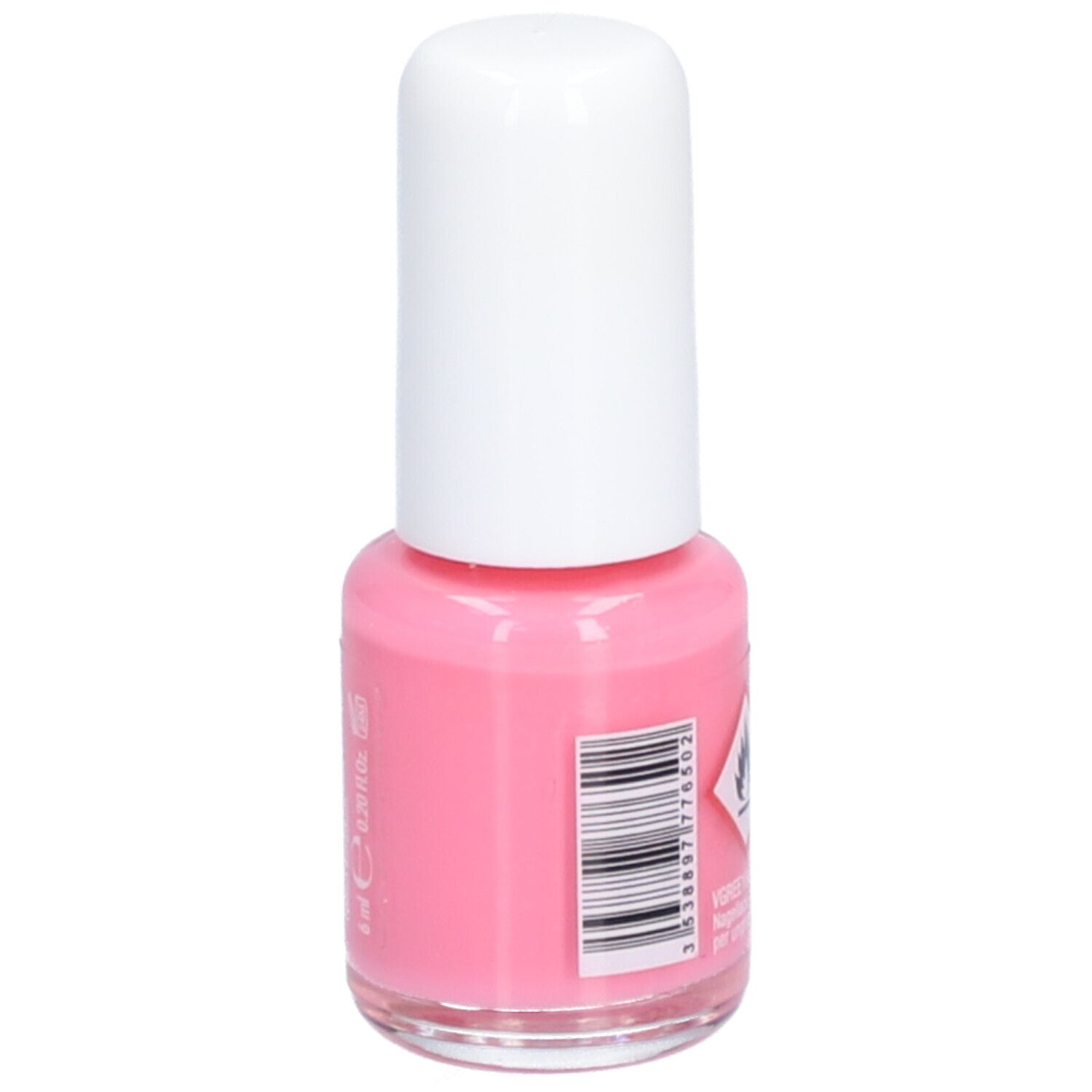 Rosa Nagellackflasche mit weißem Deckel. Mit Barcode und Warnsymbolen.
