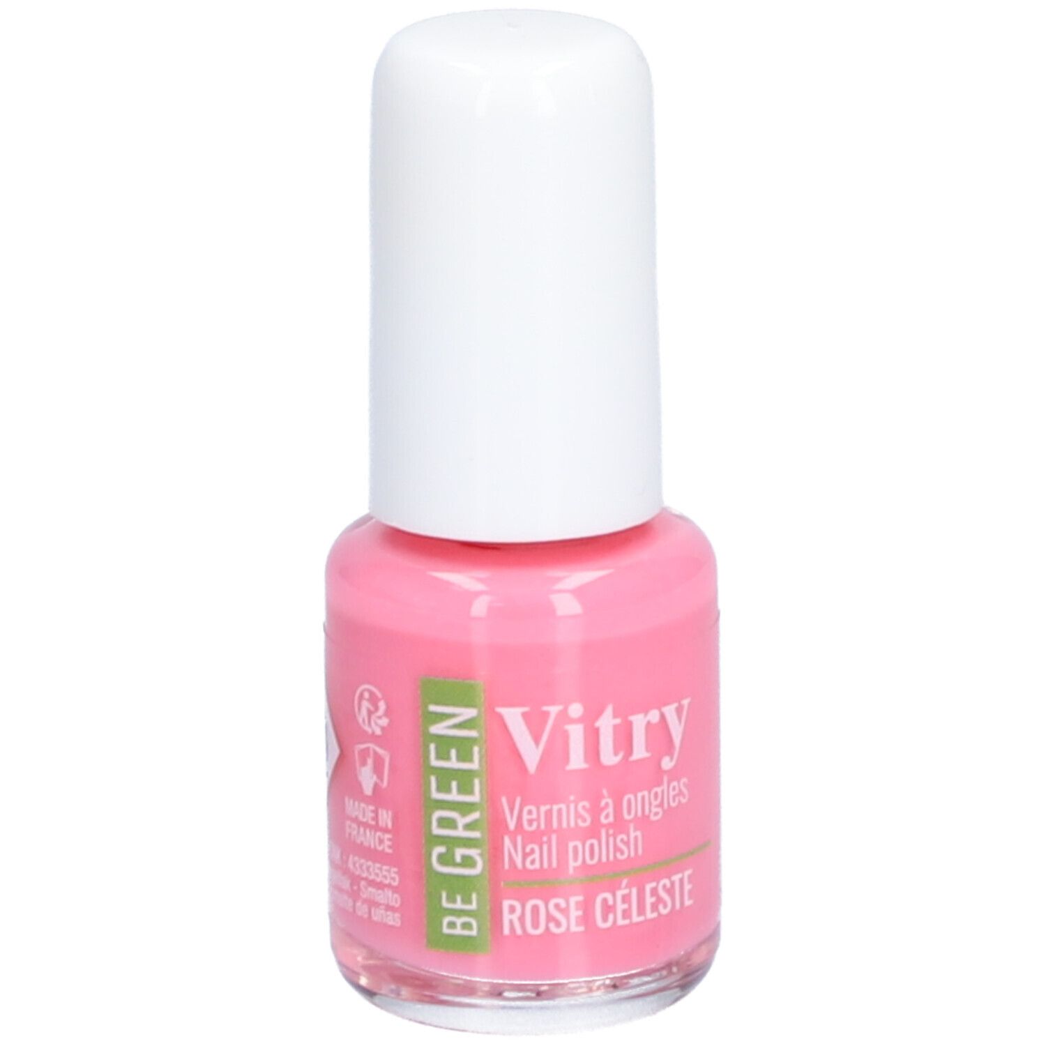 Rosa Nagellackflasche mit weißem Deckel. Aufschrift: Vitry, Be Green, Rose Celeste.