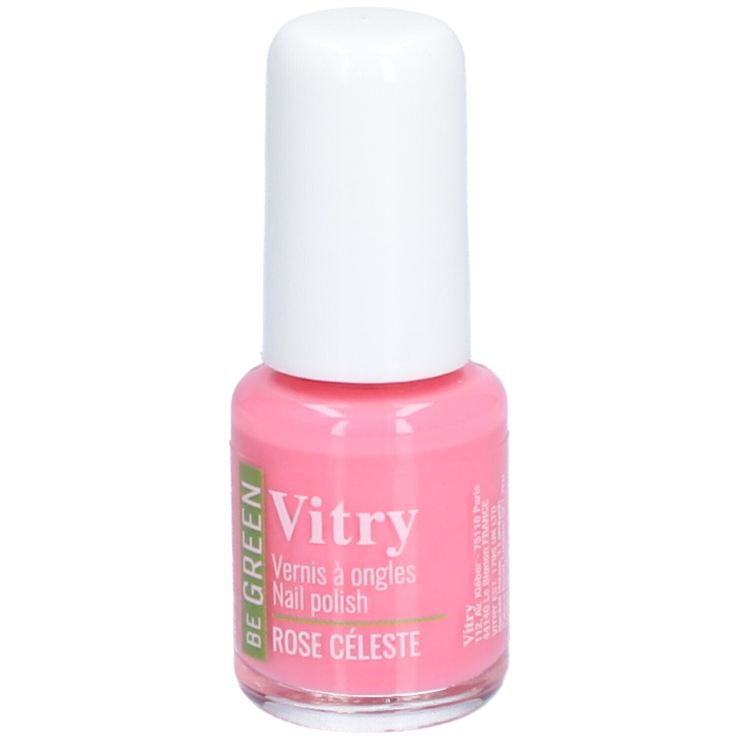 Rosa Nagellackflasche mit weißem Deckel. Aufschrift: Vitry, Be Green, Rose Celeste.