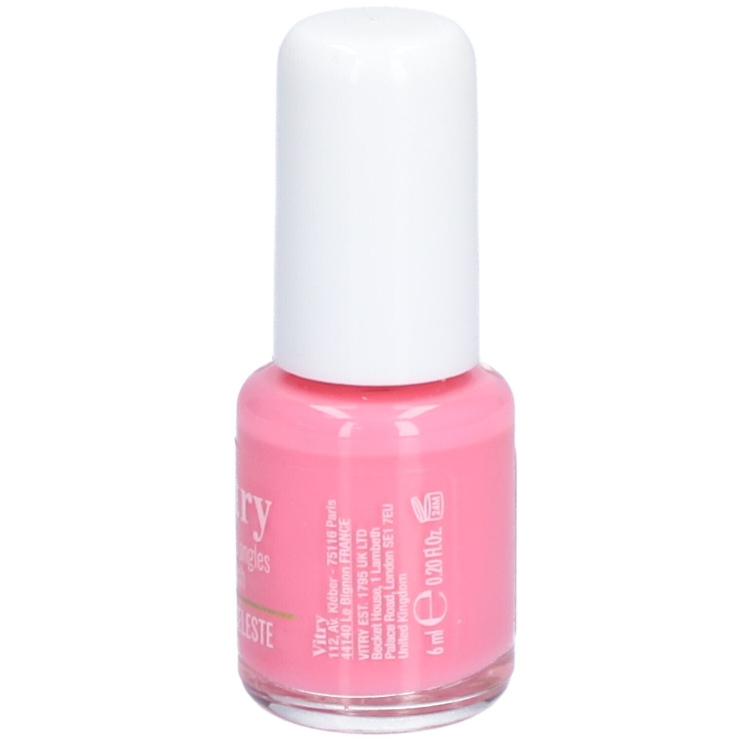 Rosa Nagellackflasche mit weißem Deckel. Aufschrift: Vitry, Rose Celeste. Volumen: 6 ml.