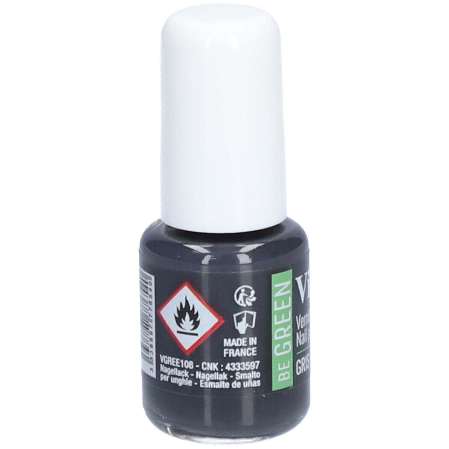 Nagellackflasche mit weißem Deckel. Aufschrift: Vitry, BE GREEN. Warnhinweis: Entzündlich. Hergestellt in Frankreich.