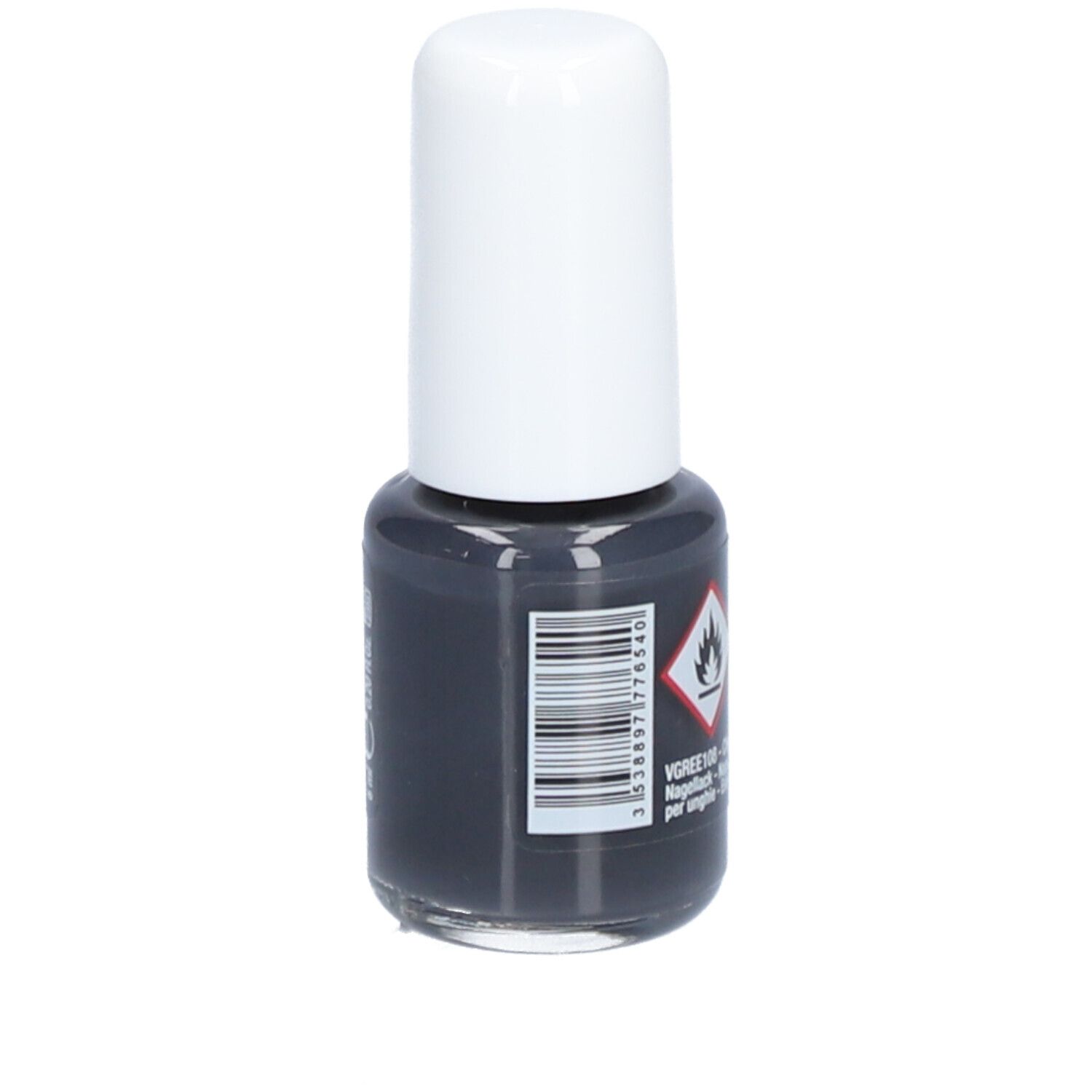 Nagellackflasche mit weißem Deckel. Barcode und Warnhinweis: Entzündlich. Graue Farbe.