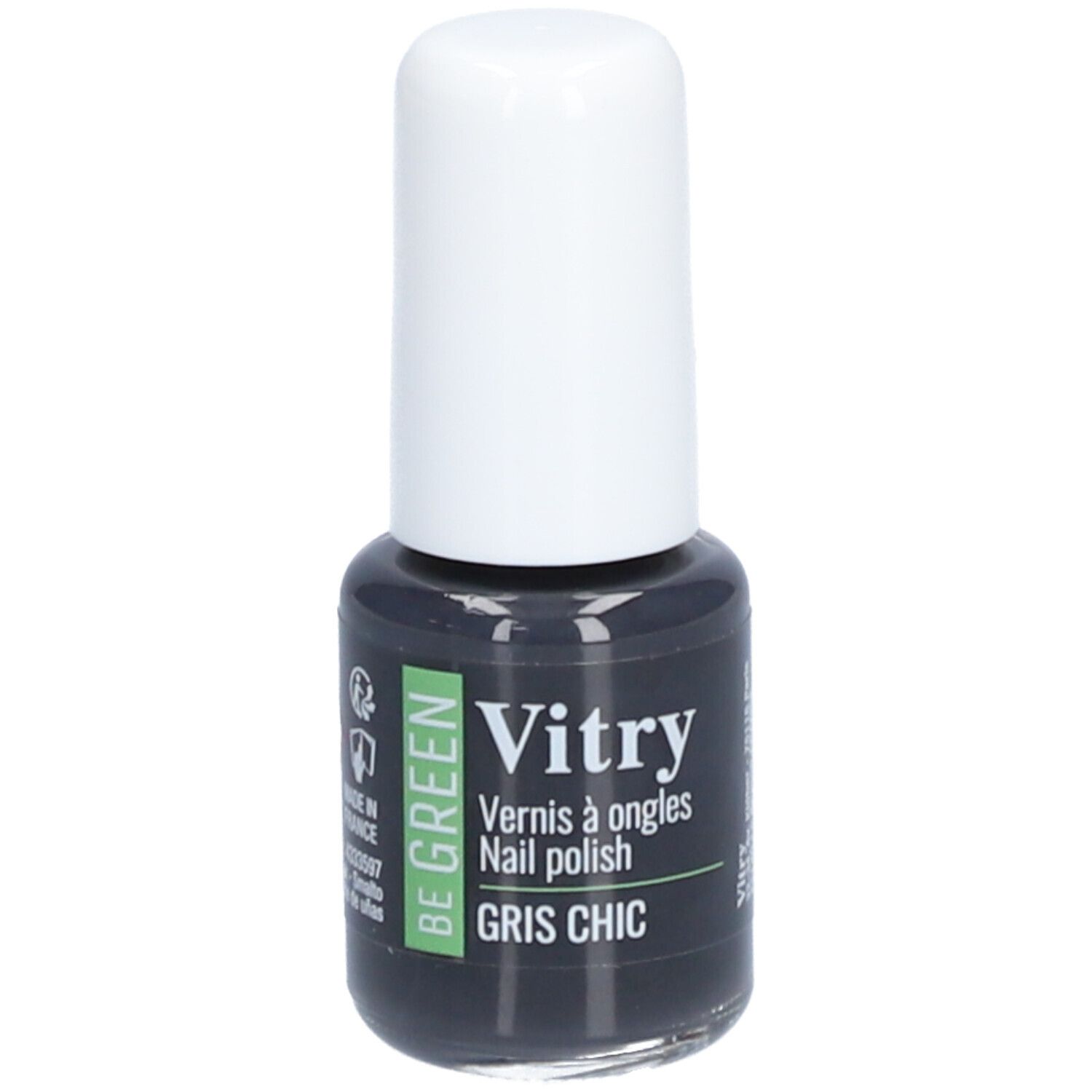 Nagellackflasche mit weißem Deckel. Aufschrift: Vitry, BE GREEN, Gris Chic. Graue Farbe.