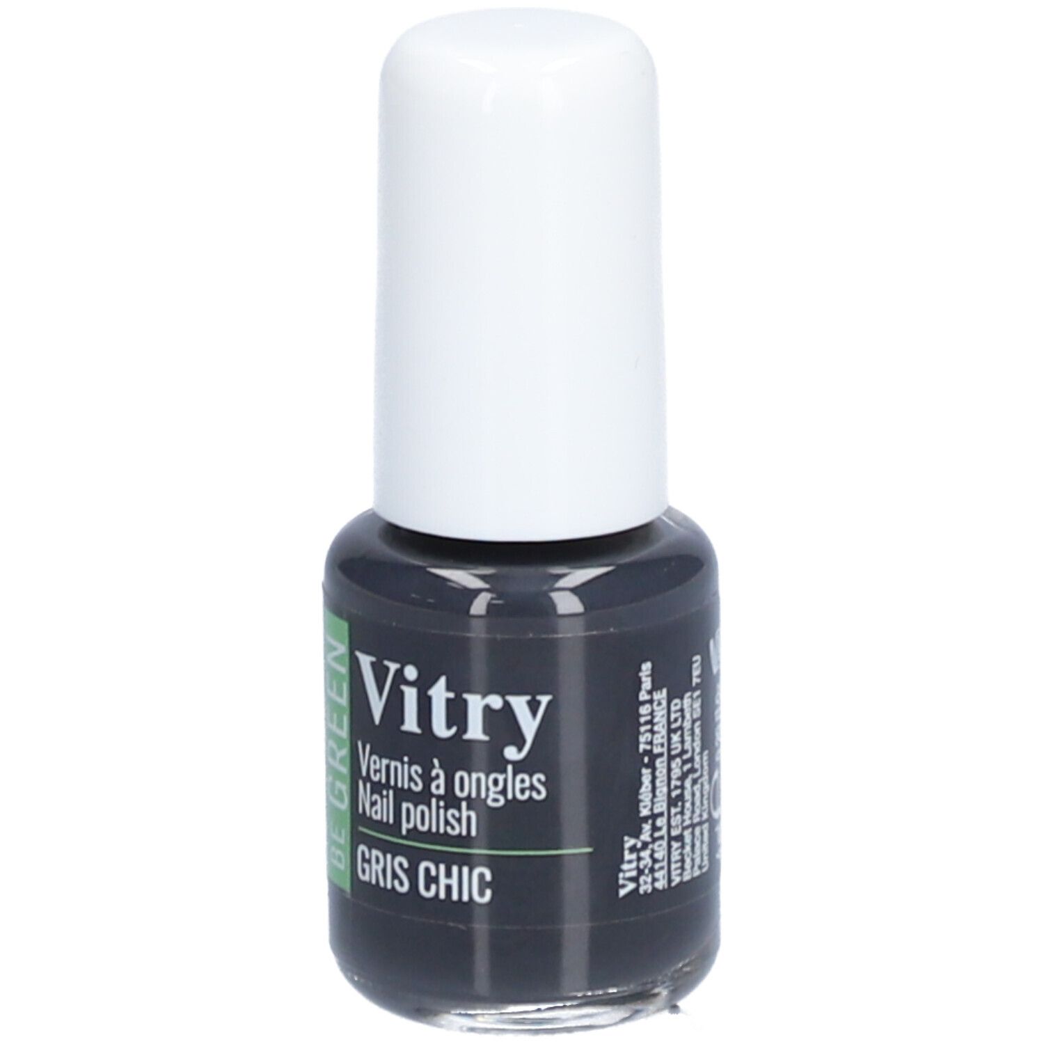Nagellackflasche mit weißem Deckel. Aufschrift: Vitry, BE GREEN, Gris Chic. Adresse des Herstellers.