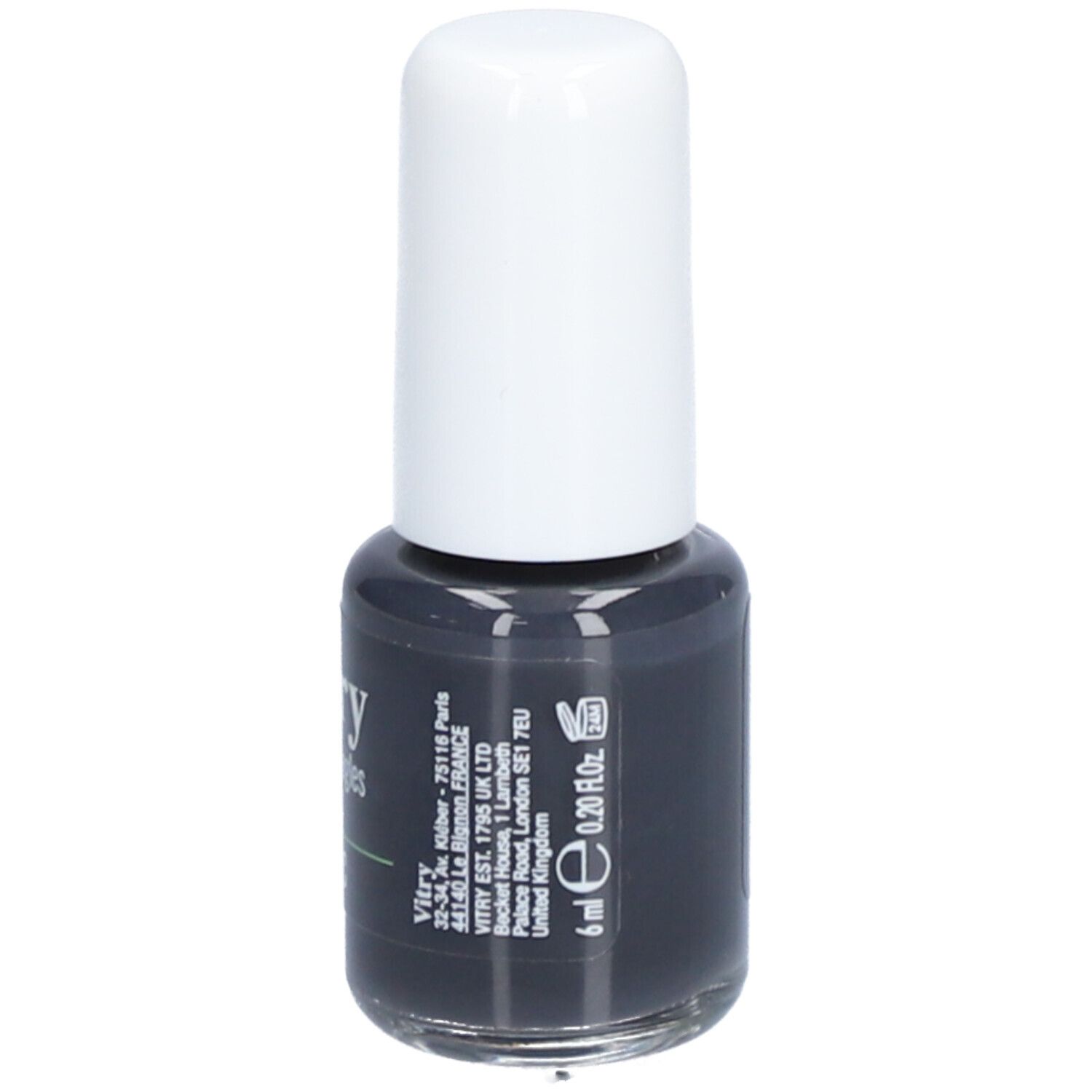 Nagellackflasche mit weißem Deckel. Aufschrift: Vitry. Volumen: 6 ml. Adresse des Herstellers.