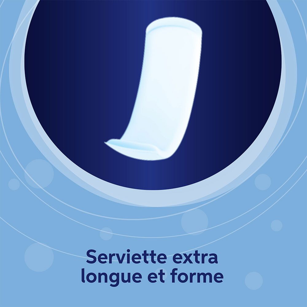 Serviette blanche allongée sur fond bleu. Texte : Serviette extra longue et forme.