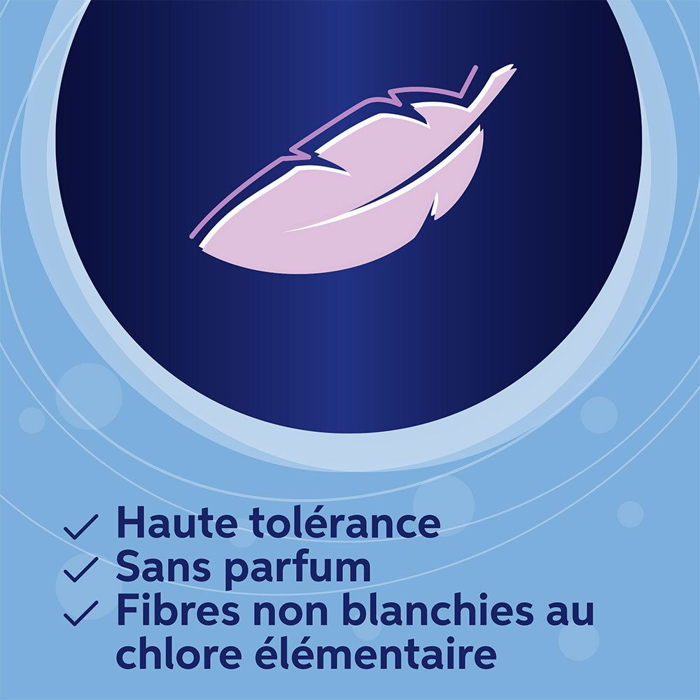 Plume rose sur fond bleu. Texte : Haute tolérance, sans parfum, fibres non blanchies au chlore élémentaire.