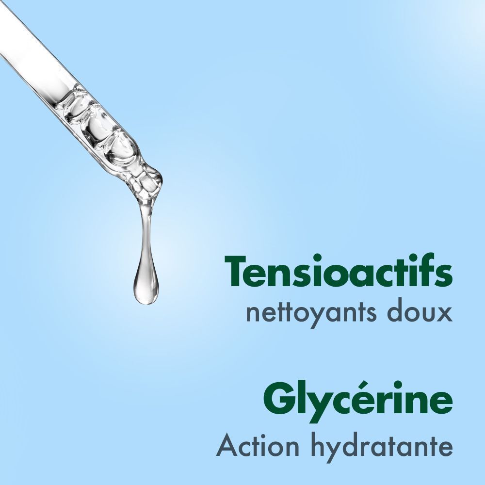 Pipette avec gouttes. Texte: Tensioactifs nettoyants doux. Glycérine Action hydratante.