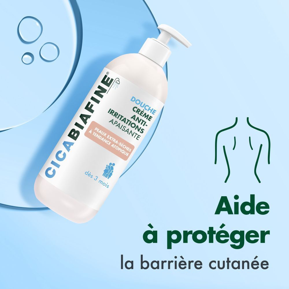 Flacon de crème de douche CicaBiafine. Aide à protéger la barrière cutanée. Texte : Anti-irritations, apaisant. Peaux extra-sèches.