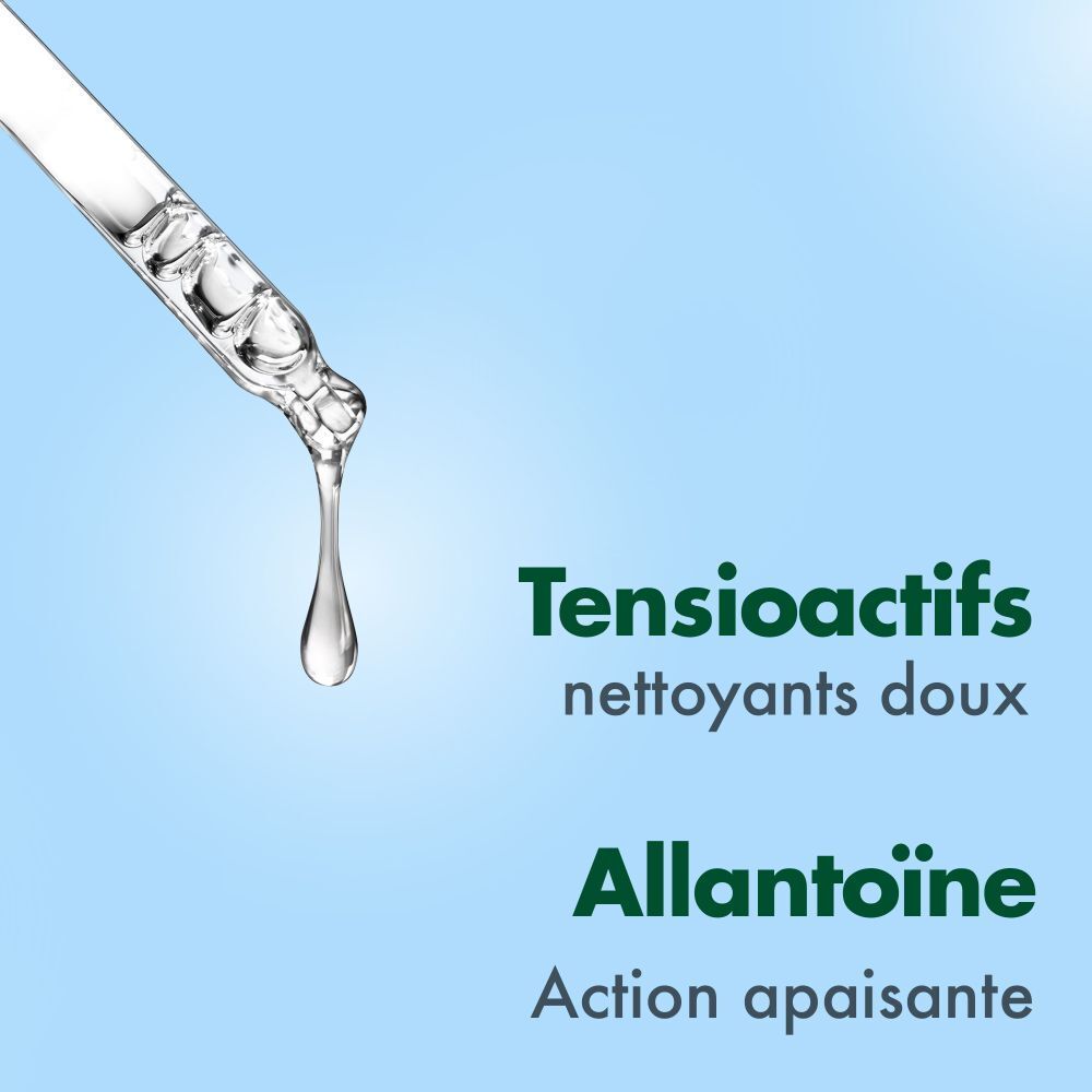 Liquide qui goutte. Texte : Tensioactifs nettoyants doux, Allantoïne, action apaisante.