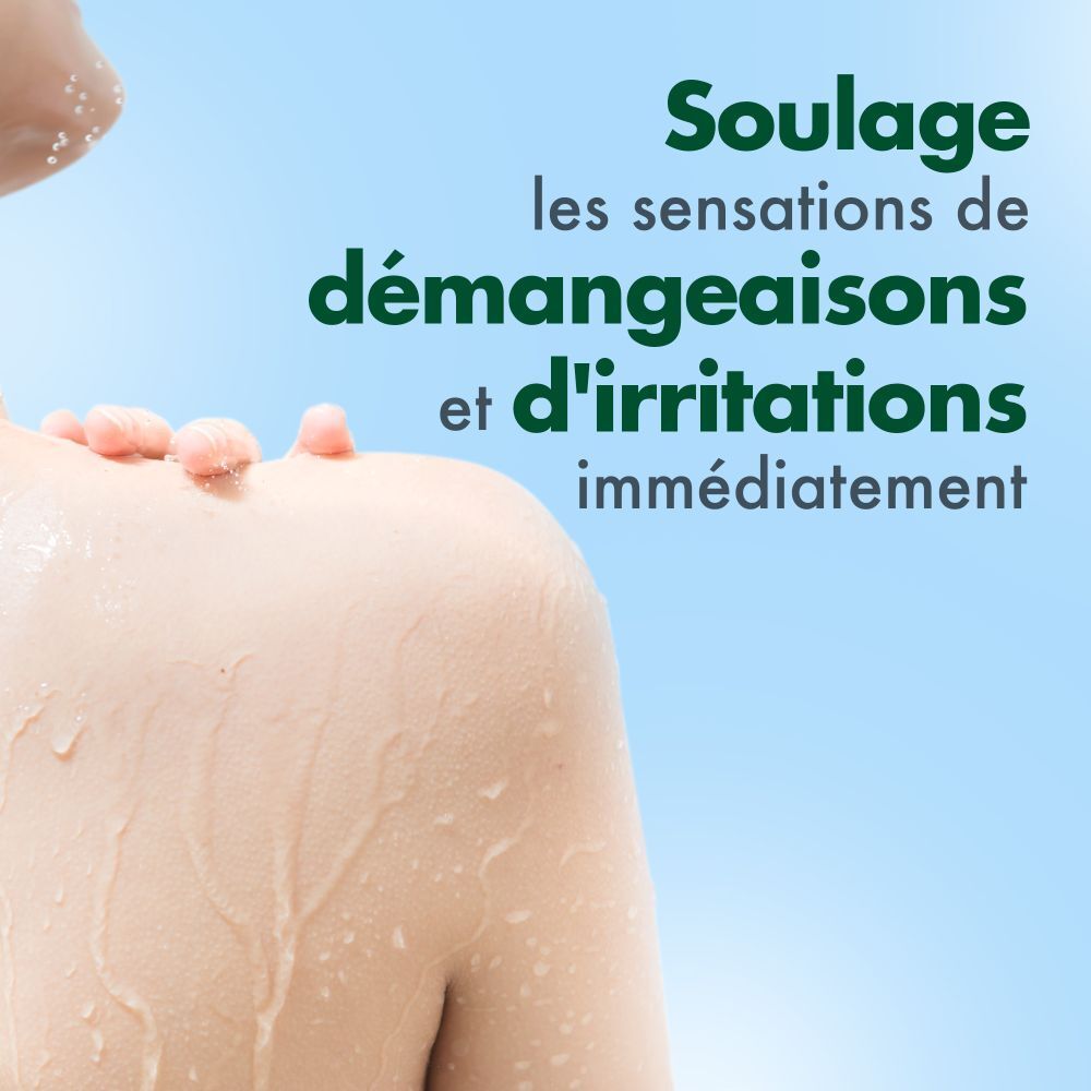 Dos d'une personne. Texte : Soulage immédiatement les sensations de démangeaisons et d'irritations.