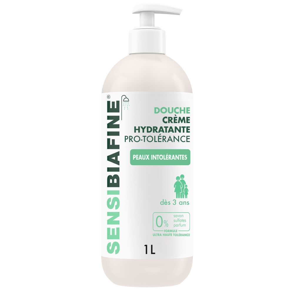 Flasche SensiBiafine Duschcreme. Weißer Spender, grüne Schrift. Aufschrift: Hydratante Pro-Toleranz, Peaux Intolérantes, 1L.