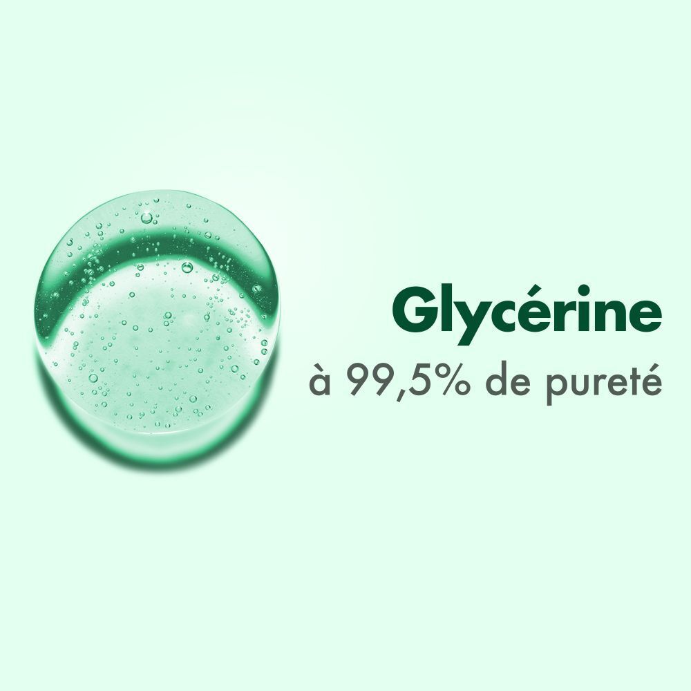 Grüner, runder Tropfen mit Text: Glycérine à 99,5% de pureté.