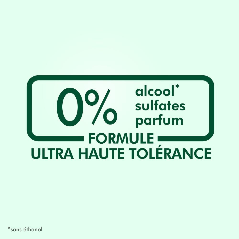 Text: 0% alcool, sulfates, parfum. Formule ultra haute tolérance. *sans éthanol.