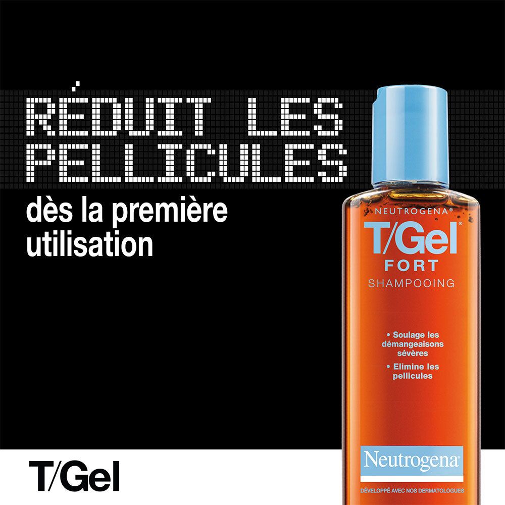 Flacon de shampooing Neutrogena T/Gel Fort. Shampooing orange, bouchon bleu. Fond noir.