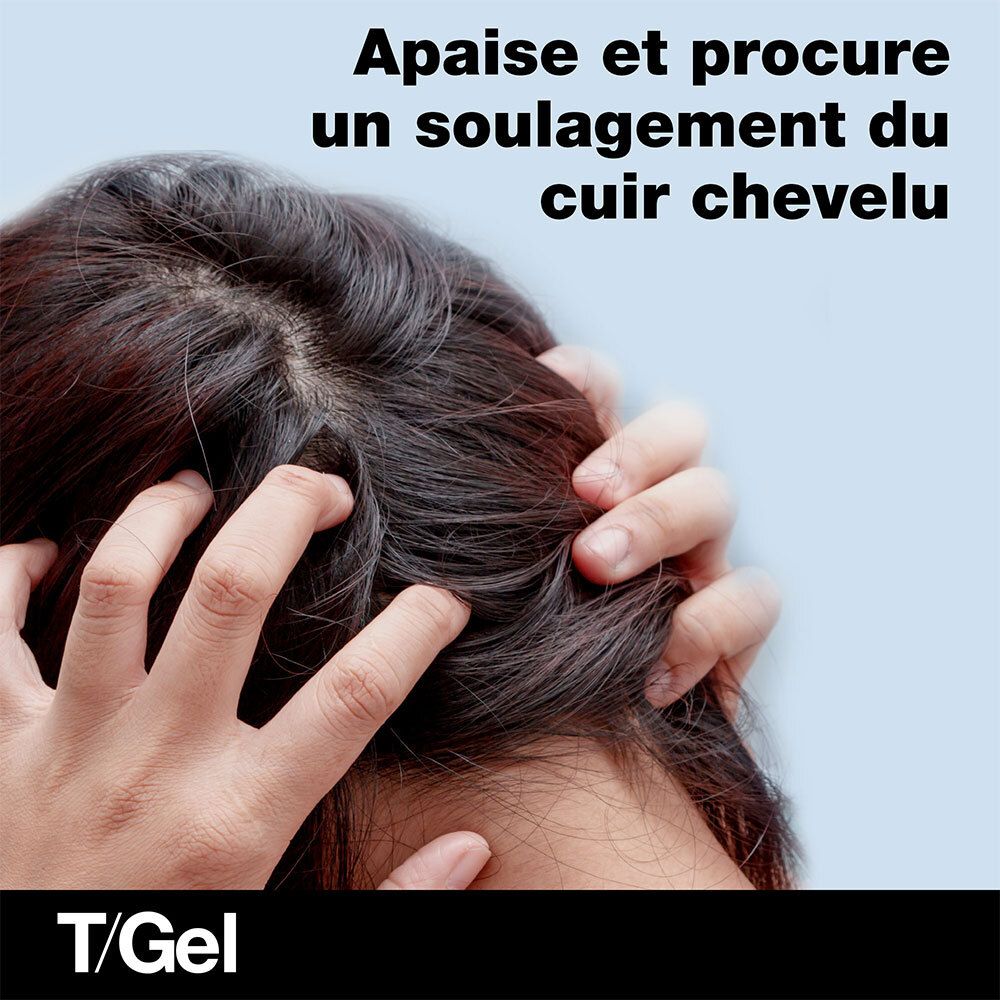 Mains massant le cuir chevelu. Texte : Apaise et procure un soulagement du cuir chevelu.
