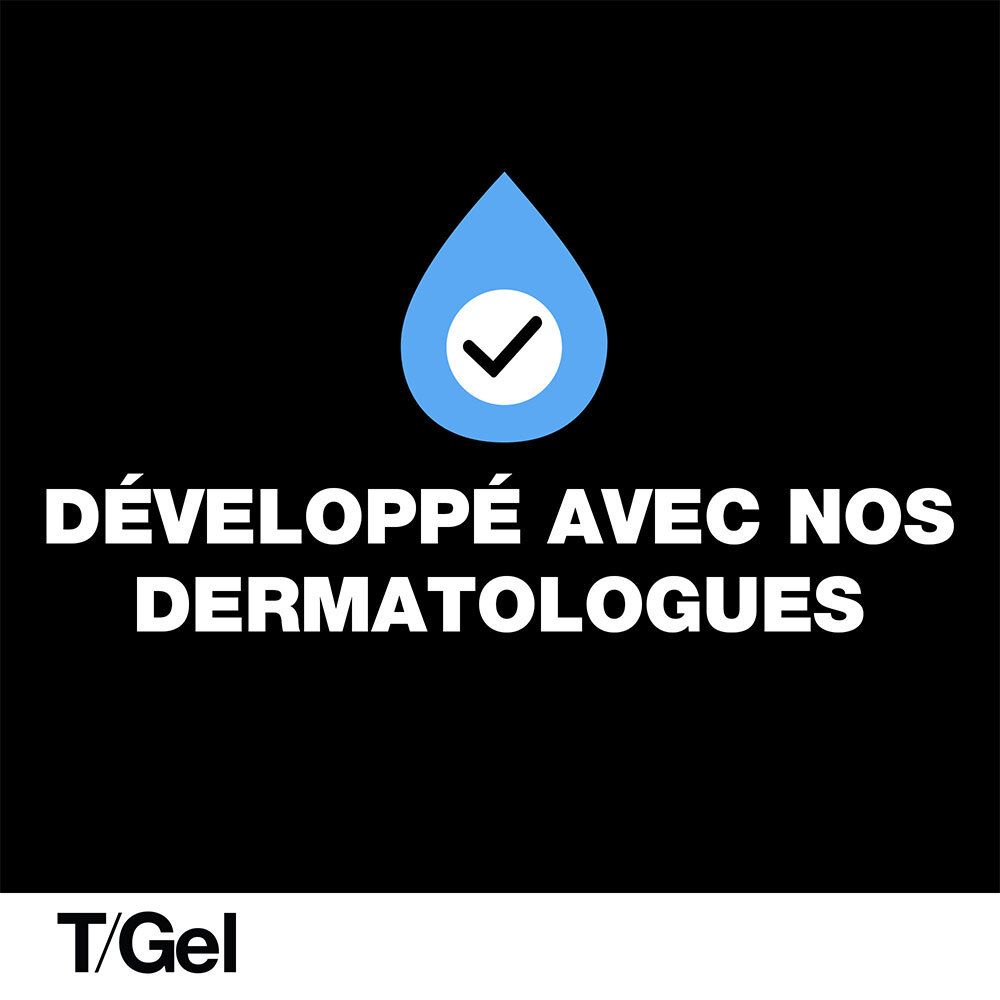 Goutte bleue avec coche. Texte : Développé avec nos dermatologues.