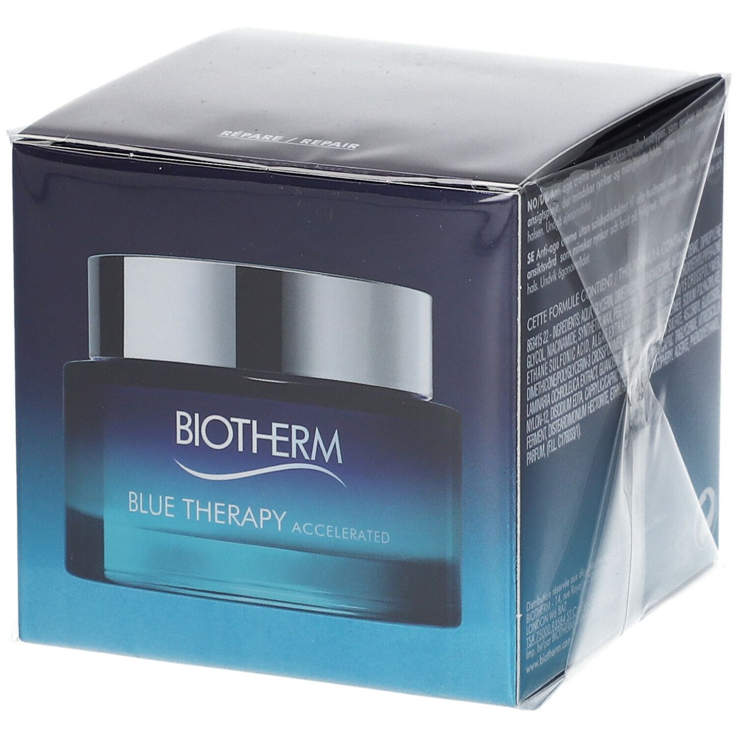 Emballage BIOTHERM Blue Therapy Creme. Boîte bleue avec image du produit. Logo BIOTHERM et nom du produit clairement visibles.