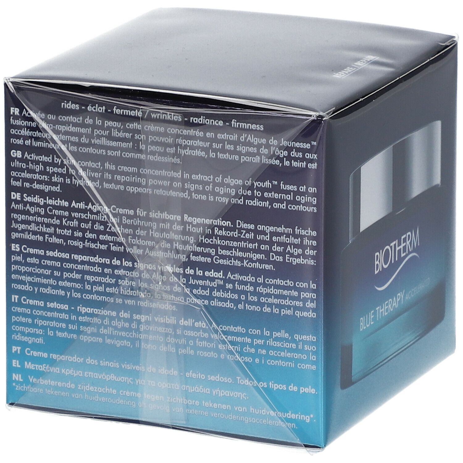 Dos de l'emballage BIOTHERM Blue Therapy Creme. Texte multilingue. Logo BIOTHERM et nom du produit.