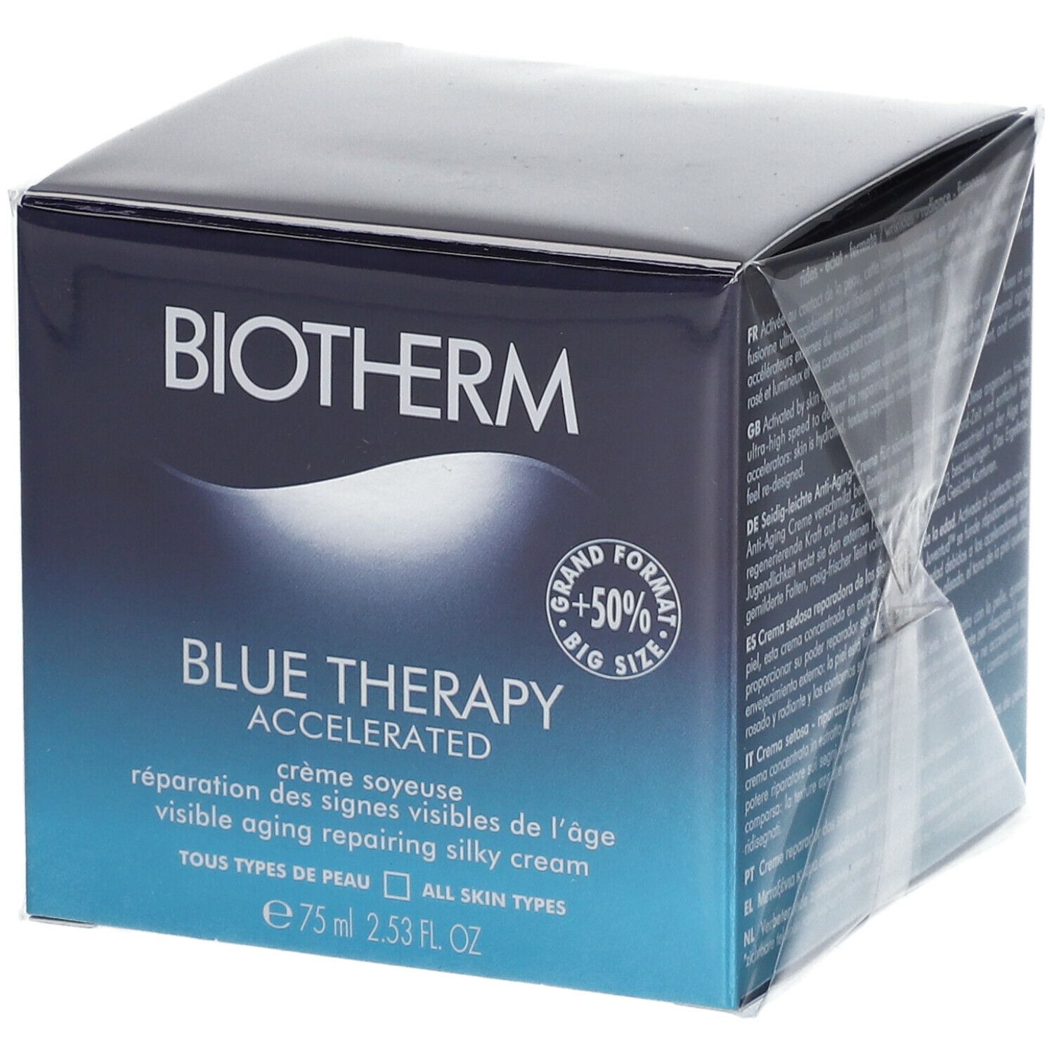 Emballage BIOTHERM Blue Therapy Creme. Boîte bleue avec informations produit. Logo '+50% BIG SIZE' en évidence.