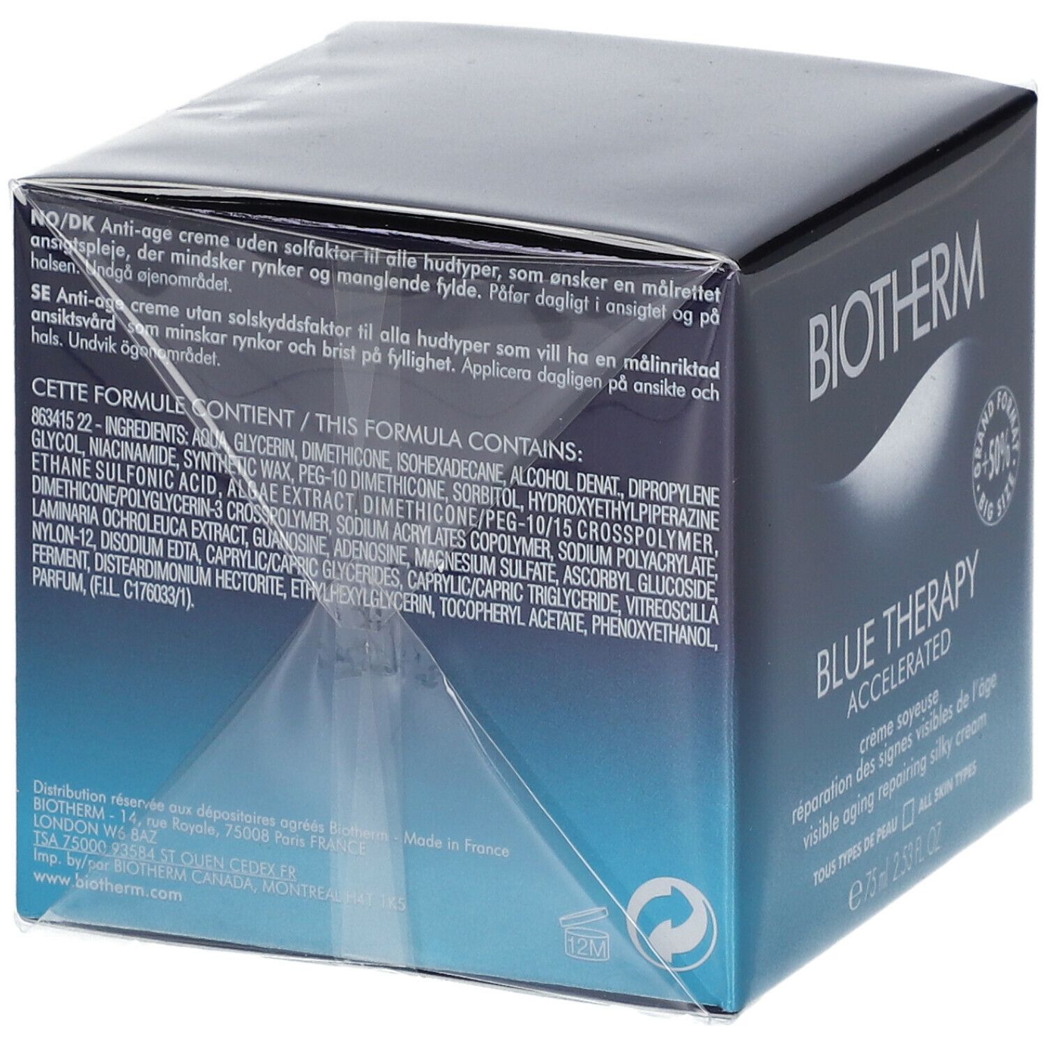 Dos de l'emballage BIOTHERM Blue Therapy Creme. Ingrédients et informations produit. Logo BIOTHERM.