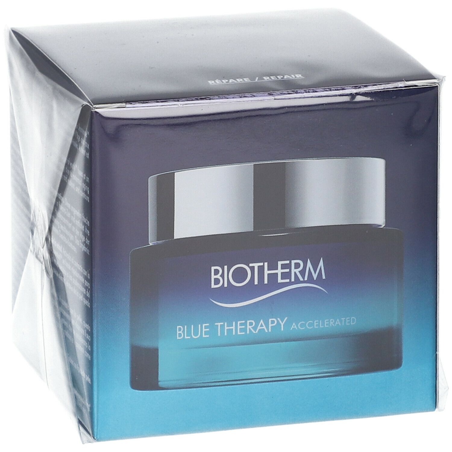 Emballage BIOTHERM Blue Therapy Creme. Boîte bleue avec image du produit. Logo BIOTHERM et nom du produit.