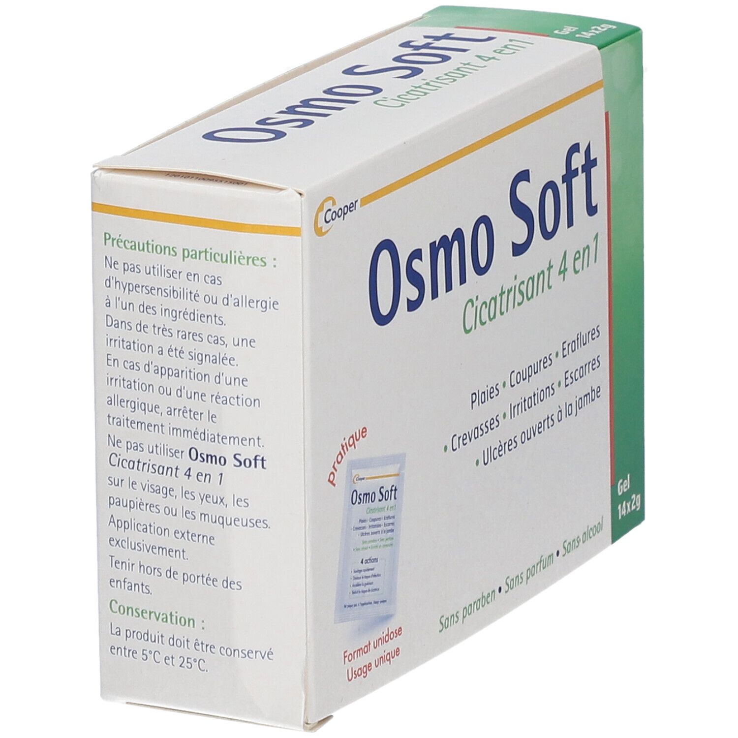 Boîte Osmo Soft Cicatrisant 4 en 1. Carton blanc, accents verts et bleus. Nom du produit et indications d'utilisation.