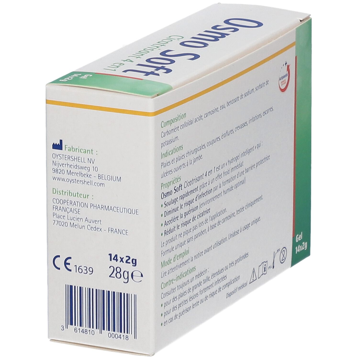 Vue latérale de la boîte Osmo Soft Cicatrisant 4 en 1. Informations fabricant, numéro de lot et marquage CE.