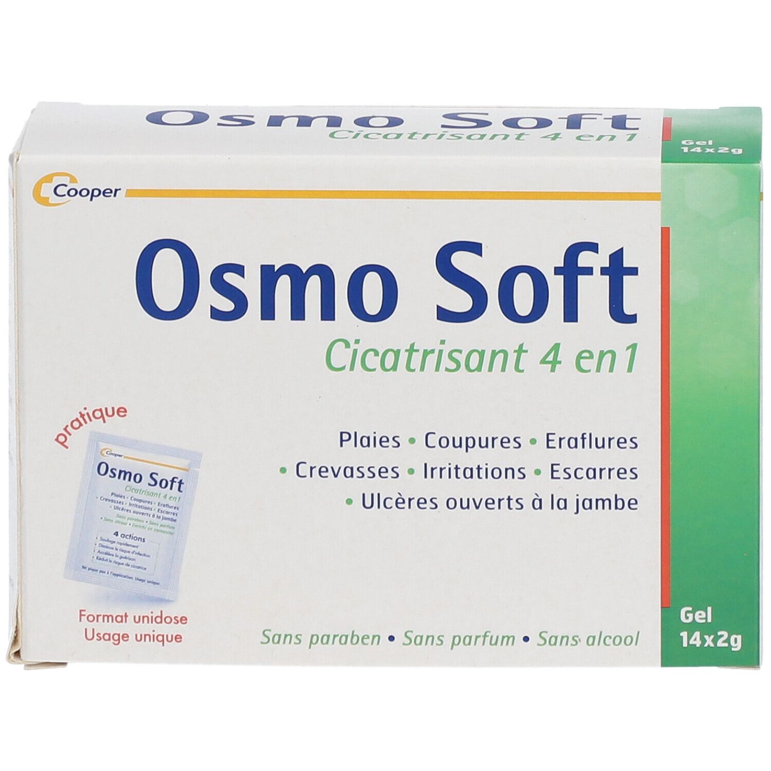 Vue de face de la boîte Osmo Soft Cicatrisant 4 en 1. Nom du produit, zones d'application et un échantillon.