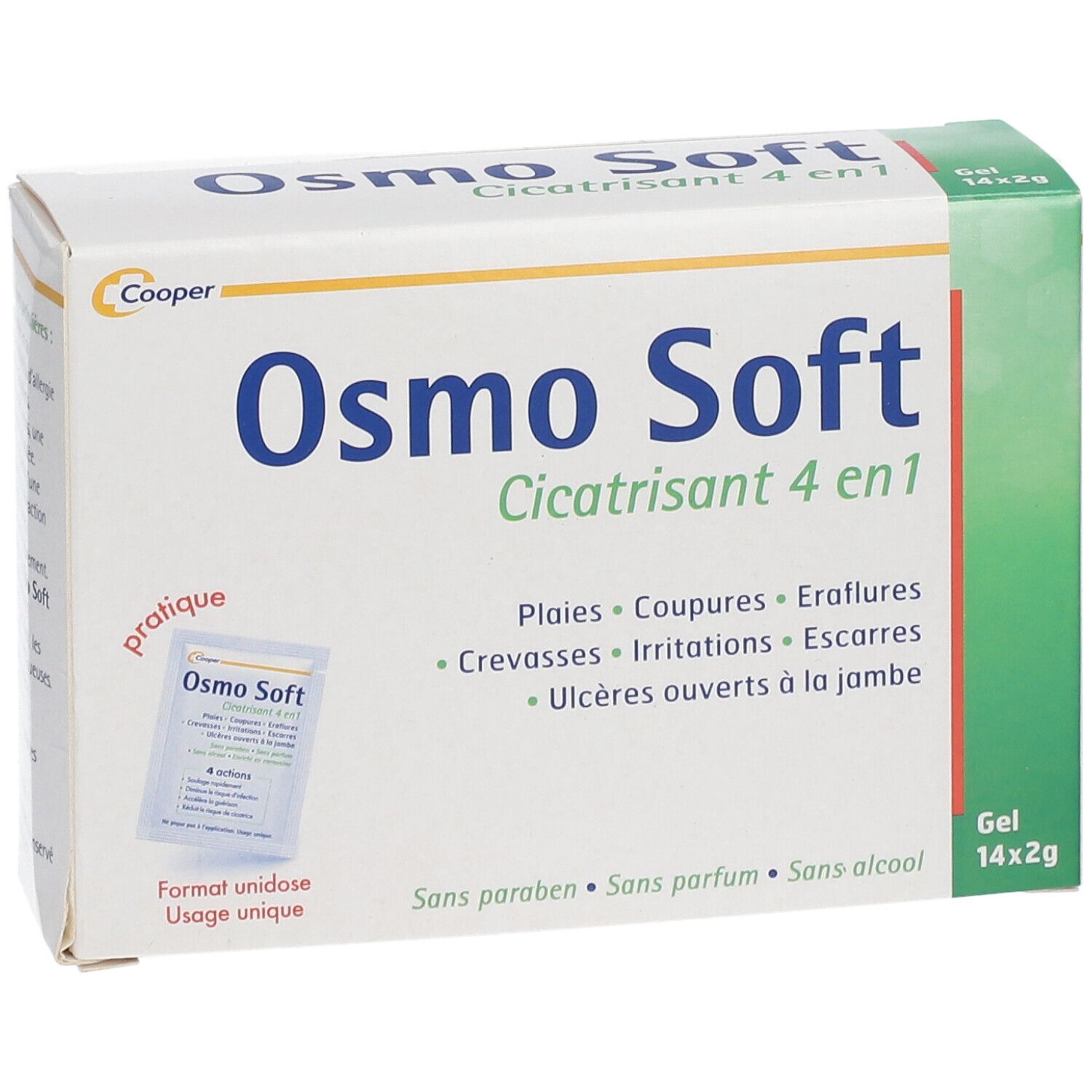 Vue de face de la boîte Osmo Soft Cicatrisant 4 en 1. Nom du produit, zones d'application et un échantillon.