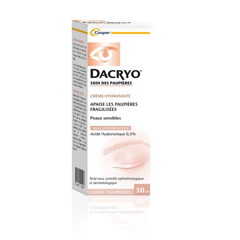 Boîte de Dacryo crème hydratante pour les paupières. Ingrédients et informations sur l'emballage. 30 ml.