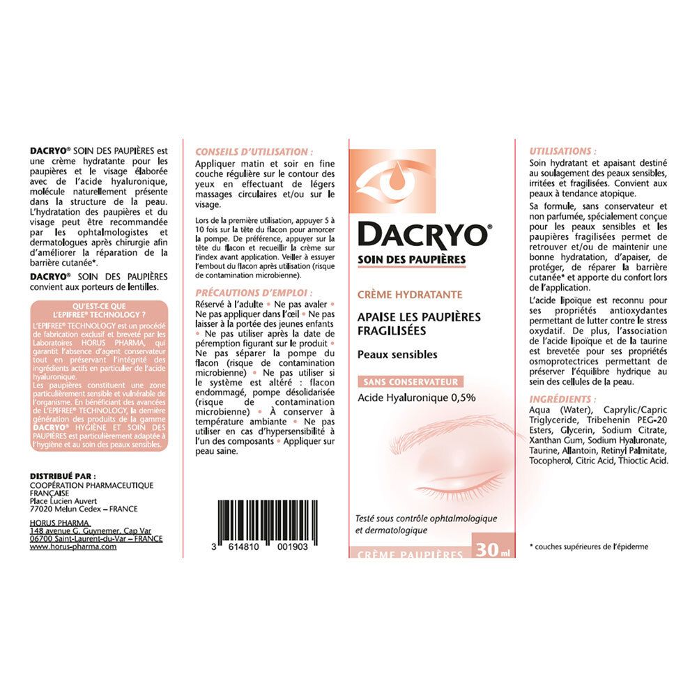 Dos de l'emballage de la crème hydratante Dacryo. Texte, ingrédients, informations fabricant et logo.