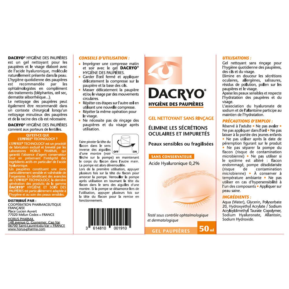 Dos de la boîte en carton. Sections de texte avec informations et instructions. Contient ingrédients et adresse du fabricant.