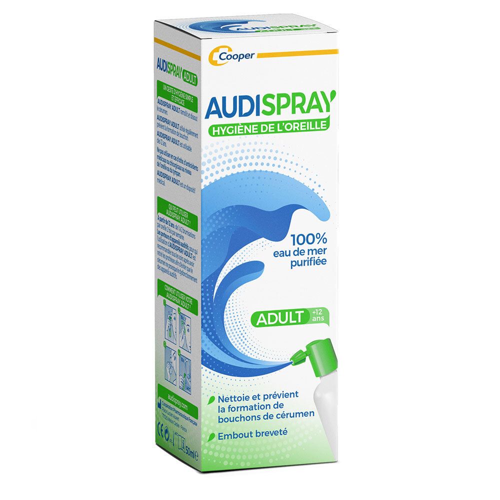 Boîte AUDISPRAY, hygiène de l'oreille, eau de mer 100% naturelle, adulte. Nettoie et prévient le cérumen.