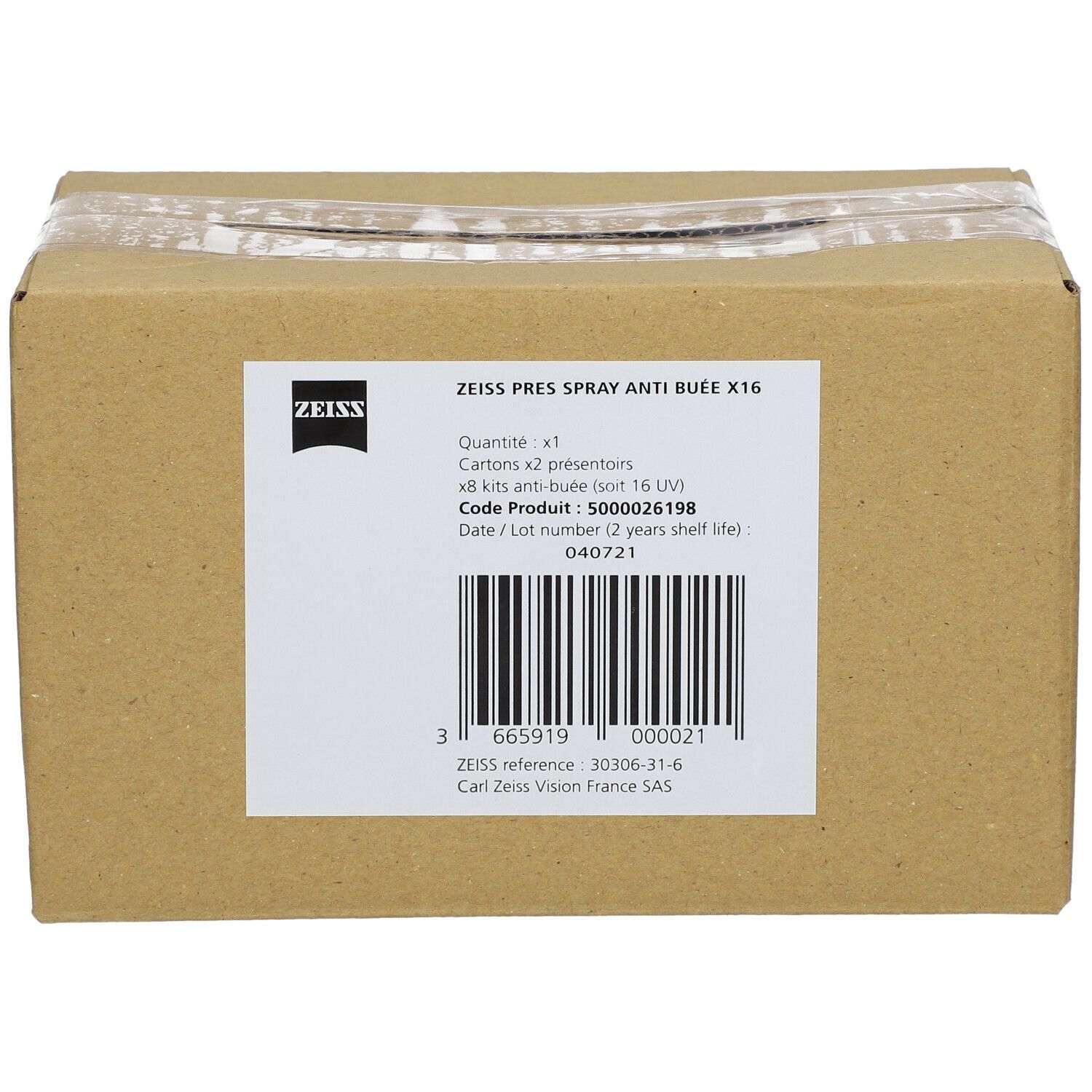 Braune Pappschachtel mit Aufdrucken und Barcode. Beschriftung: ZEISS PRES SPRAY ANTI BUEE X16. Enthält 16 UV-Schutz-Sets.
