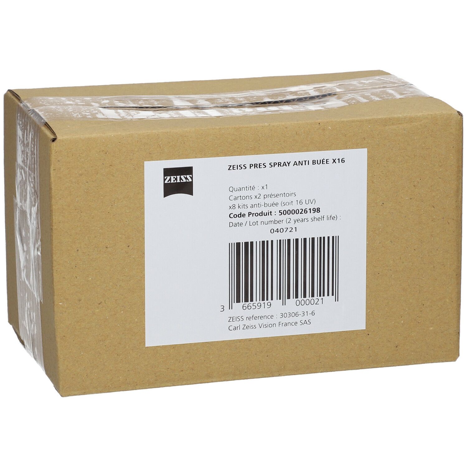Braune Pappschachtel mit Aufdrucken und Barcode. Beschriftung: ZEISS PRES SPRAY ANTI BUEE X16. Enthält 16 UV-Schutz-Sets.
