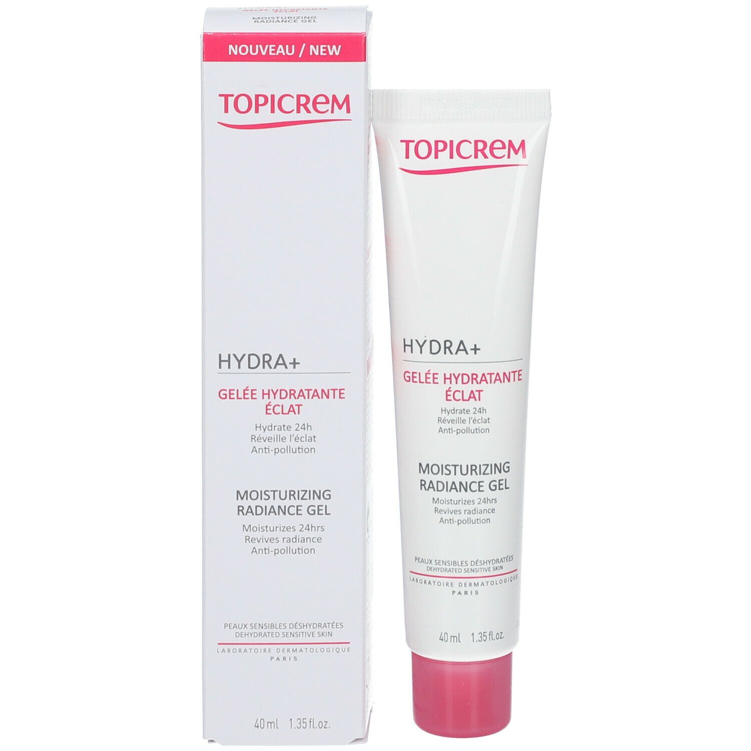 Produit et emballage. Tube blanc et boîte avec des accents roses. Inscription TOPICREM, HYDRA+ Gelée Hydratante Éclat.