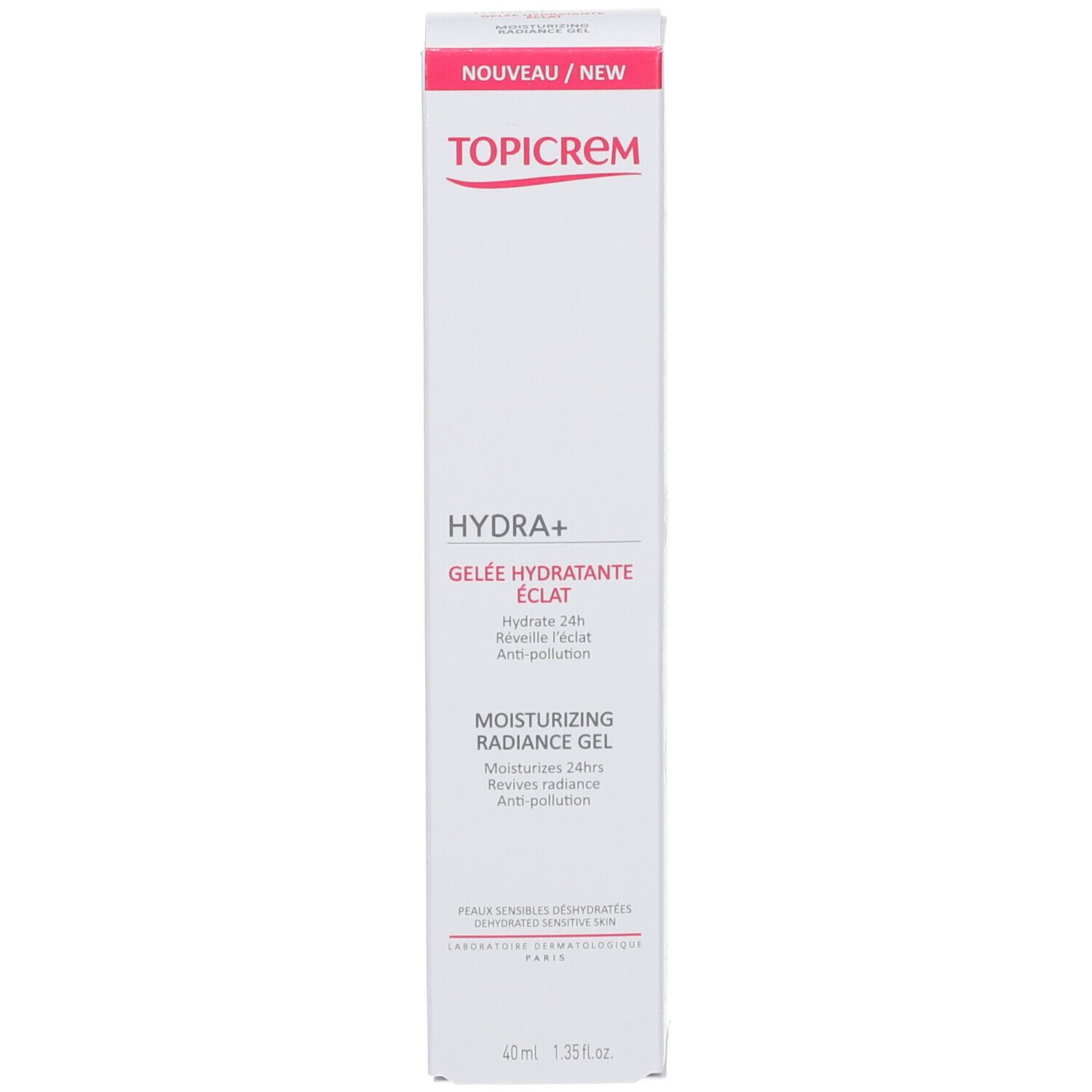 Boîte blanche avec des accents roses. Inscription TOPICREM, HYDRA+ Gelée Hydratante Éclat et NEU/NEW.