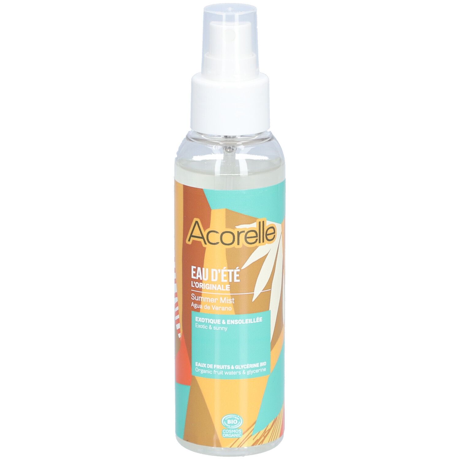 Flacon de brume corporelle avec vaporisateur blanc. Inscriptions: Acorelle, Eau d'été, Summer Mist. Certification BIO.