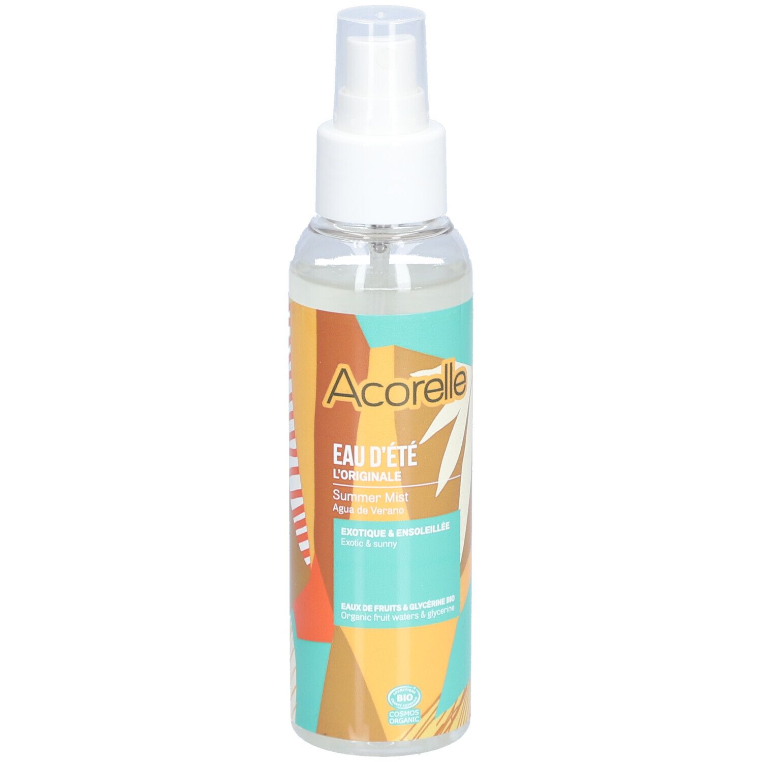 Flacon de brume corporelle avec vaporisateur blanc. Inscriptions: Acorelle, Eau d'été, Summer Mist. Certification BIO.
