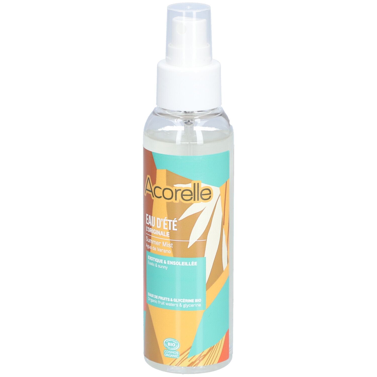 Flacon de brume corporelle avec vaporisateur blanc. Inscriptions: Acorelle, Eau d'été, Summer Mist. Certification BIO.