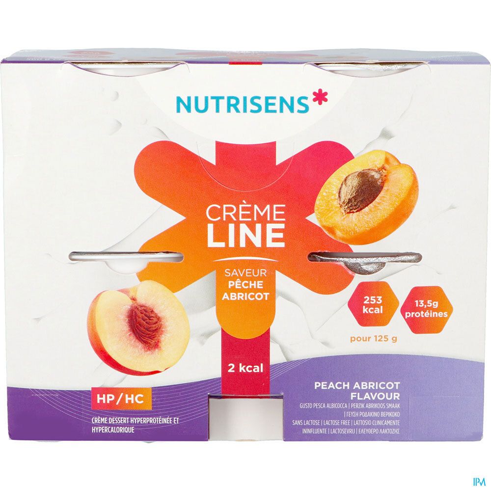 Emballage Crème Line, pêche-abricot. Marque Nutrisens. Texte: 2 kcal, 13,5g protéines. 6 pots.