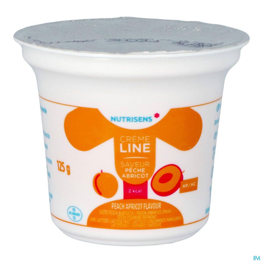 Pot individuel Crème Line, pêche-abricot. Marque Nutrisens. Texte: 125g, 2 kcal. Couvercle.