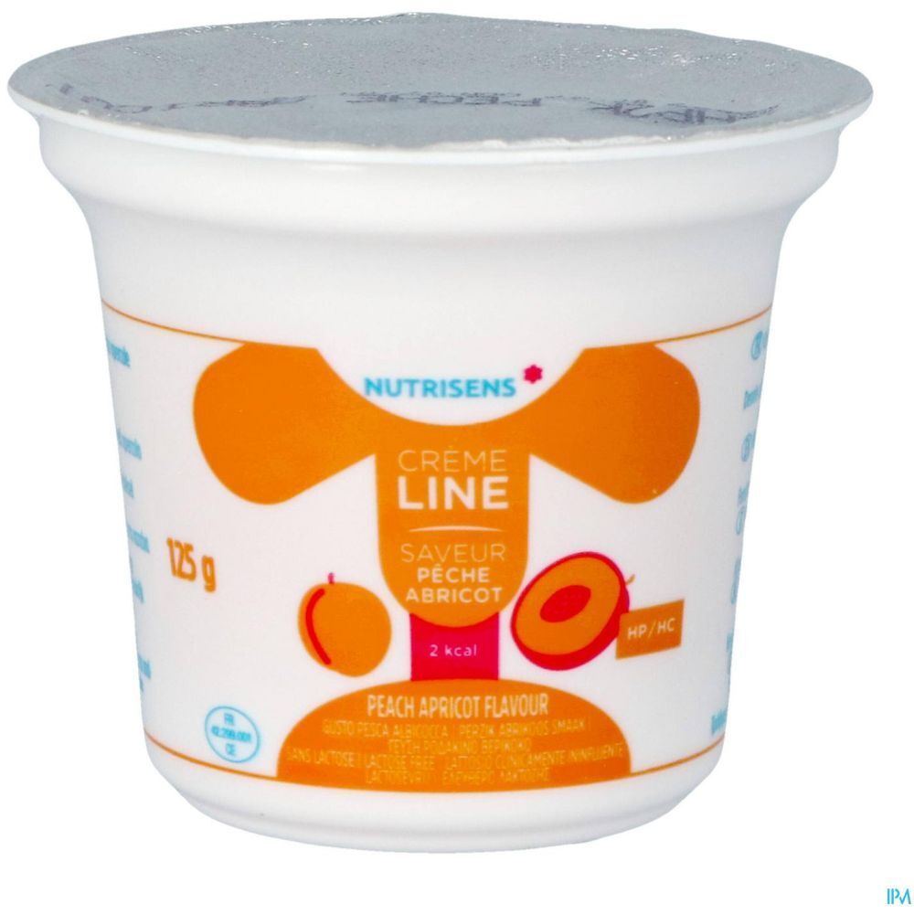 Pot individuel Crème Line, pêche-abricot. Marque Nutrisens. Texte: 125g, 2 kcal. Couvercle.