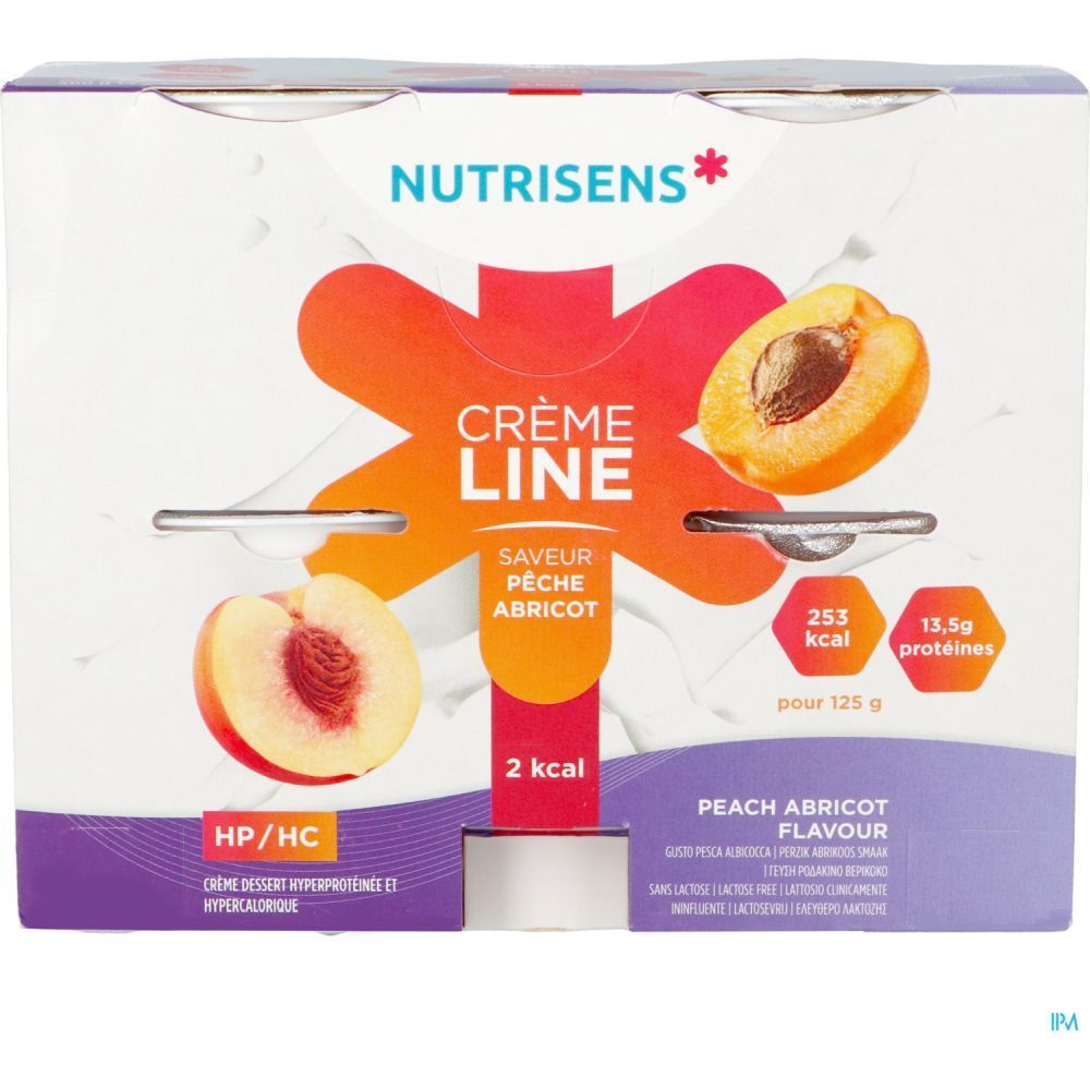 Emballage Crème Line, pêche-abricot. Marque Nutrisens. Texte: 2 kcal, 13,5g protéines. 6 pots.