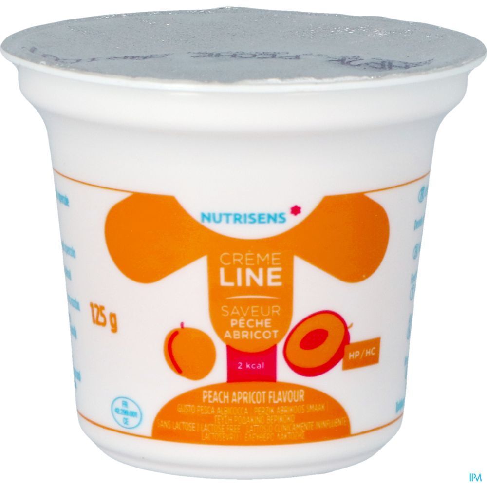 Pot individuel Crème Line, pêche-abricot. Marque Nutrisens. Texte: 125g, 2 kcal. Couvercle.