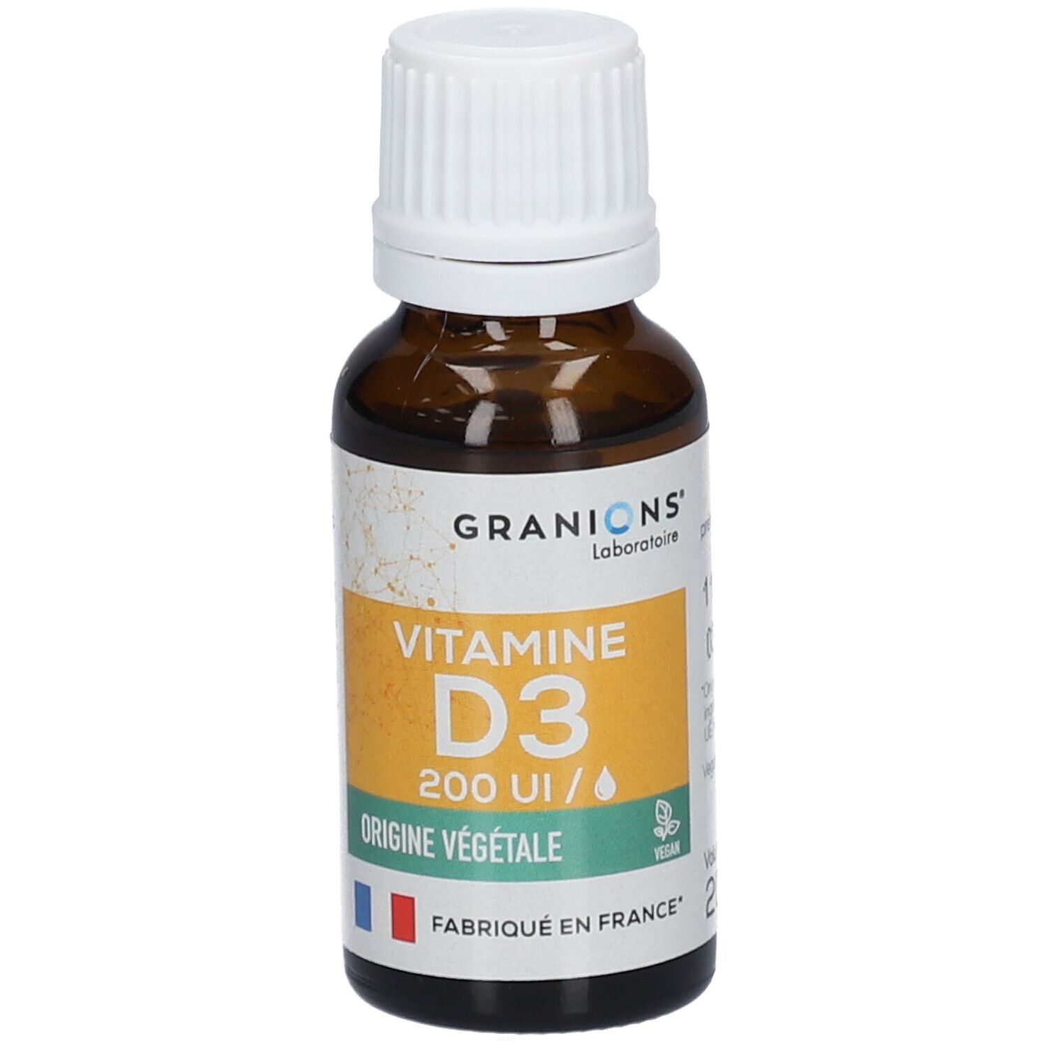 Braune Glasflasche mit weißem Verschluss. Etikett mit GRANIONS, VITAMINE D3, 200 UI, ORIGINE VÉGÉTALE. Vegan-Siegel, französische Flagge.