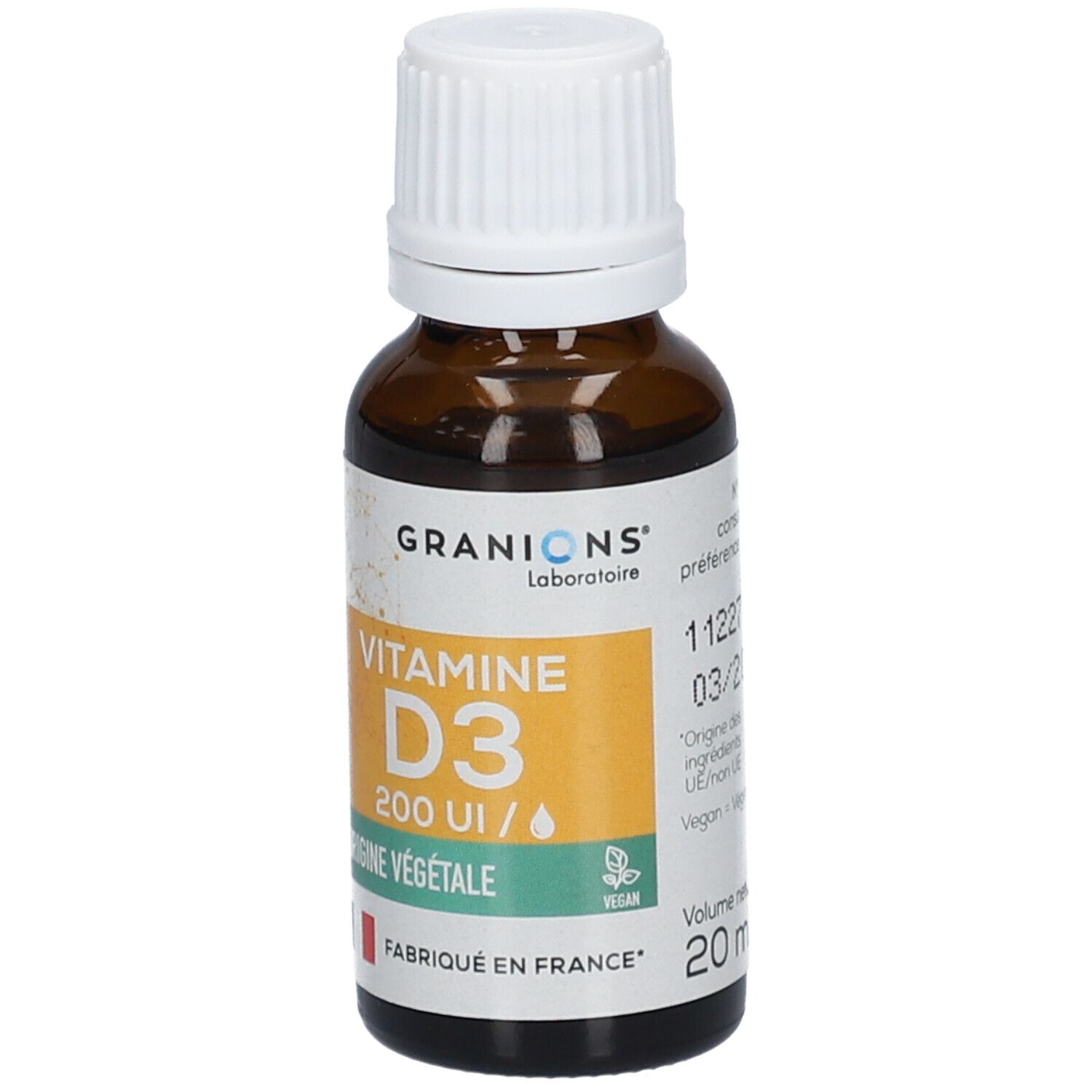 Braune Glasflasche mit weißem Verschluss. Etikett mit GRANIONS, VITAMINE D3, 200 UI, ORIGINE VÉGÉTALE. Vegan-Siegel, französische Flagge.