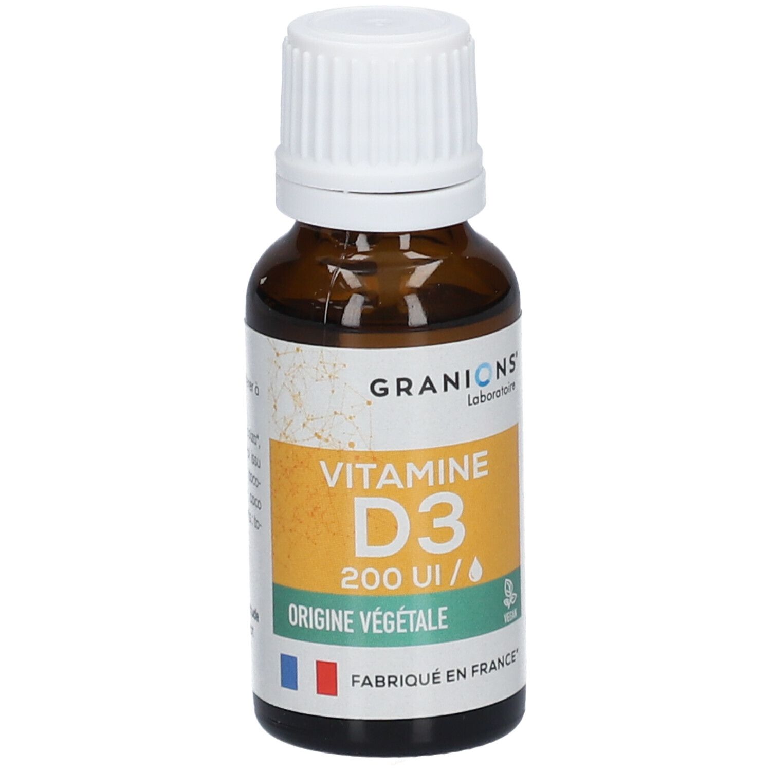 Braune Glasflasche mit weißem Verschluss. Etikett mit GRANIONS, VITAMINE D3, 200 UI, ORIGINE VÉGÉTALE. Vegan-Siegel, französische Flagge.